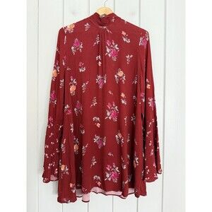 Free People Tate Floral Mock-Neck Tunic Dress Mini L Large Red Bell Sleeves
